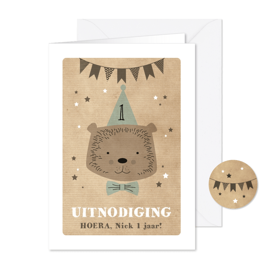Uitnodiging verjaardagsfeestje beer 1 jaar - Kaartimpressie