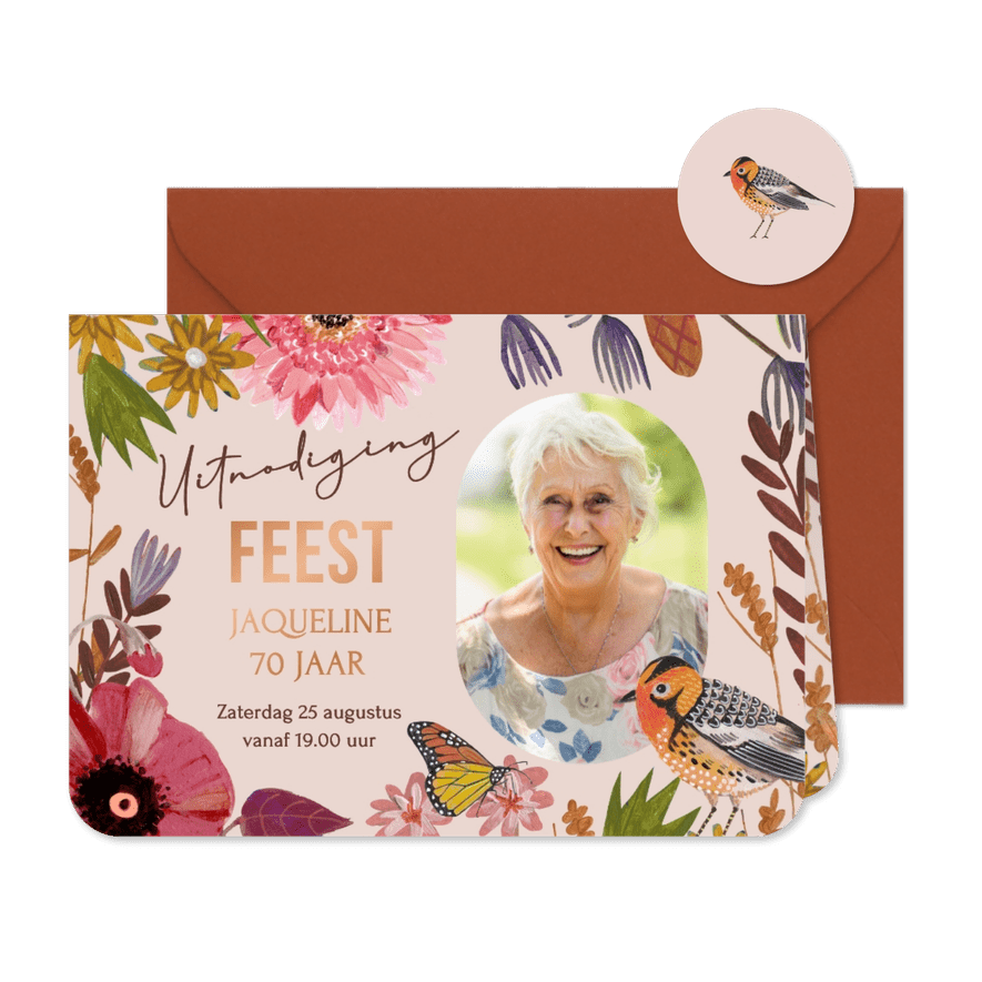 Uitnodiging verjaardagsfeestje bloemen, vogel en vlinder - Kaartimpressie
