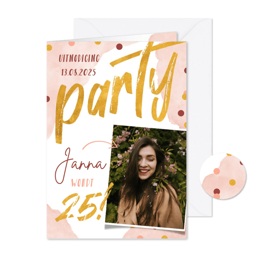 Uitnodiging verjaardagsfeestje confetti en waterverf roze - Kaartimpressie