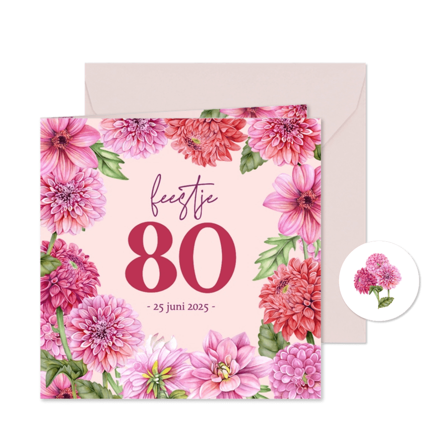 Uitnodiging verjaardagsfeestje dahliabloemen - Kaartimpressie