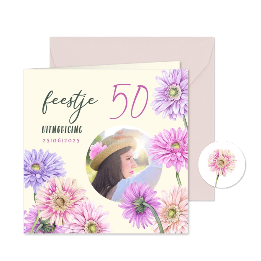 Uitnodiging verjaardagsfeestje gerberabloemen - Kaartimpressie