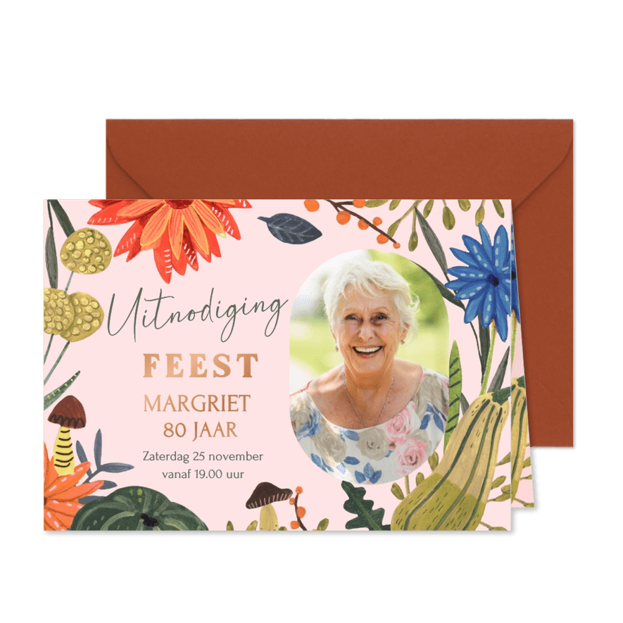 Uitnodiging verjaardagsfeestje herfst bloemen en paddenstoel - Kaartimpressie