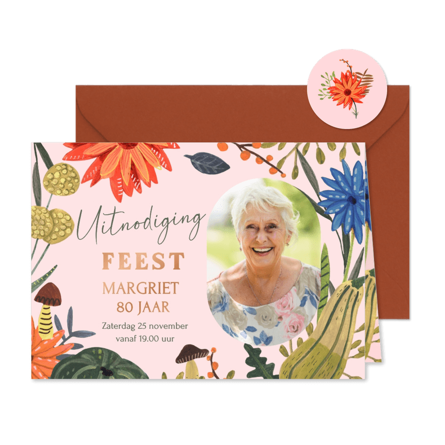Uitnodiging verjaardagsfeestje herfst bloemen en paddenstoel - Kaartimpressie