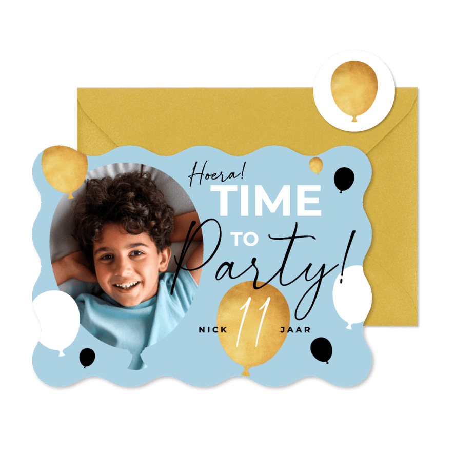 Uitnodiging verjaardagsfeestje jongen fotokaart ballon wave - Kaartimpressie