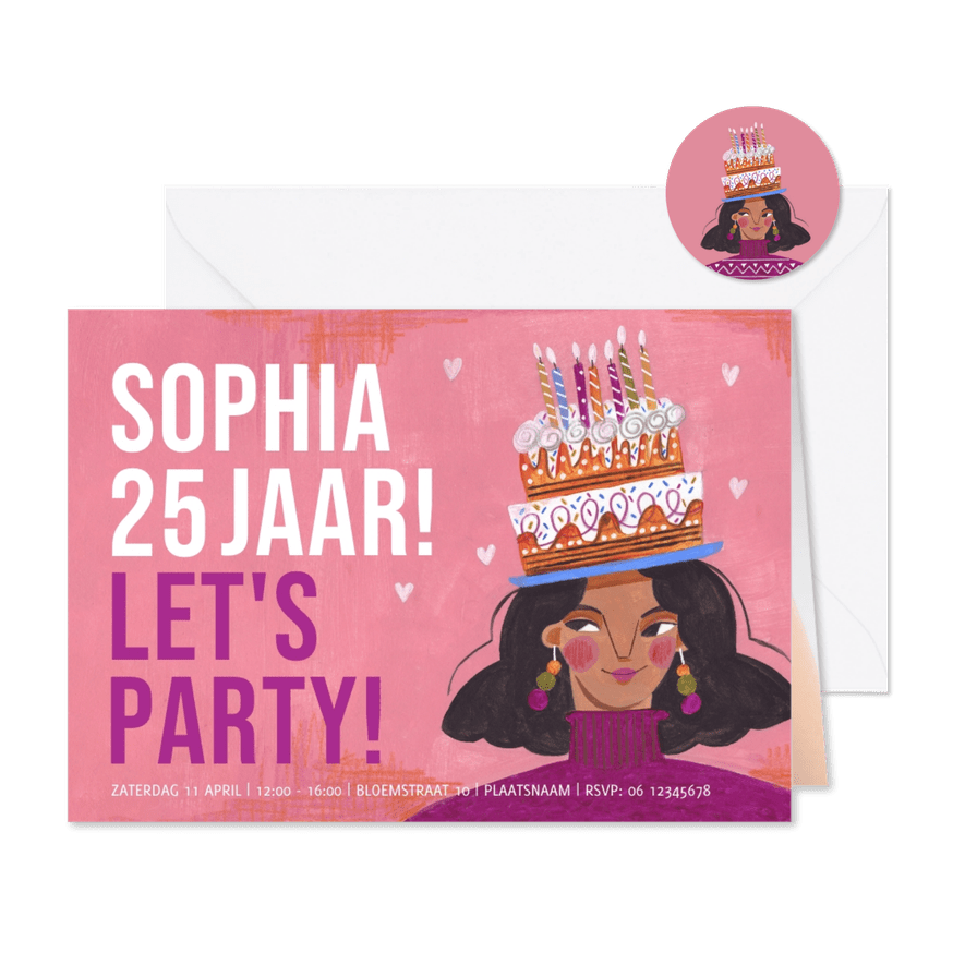 Uitnodiging verjaardagsfeestje meisje met taart - Kaartimpressie