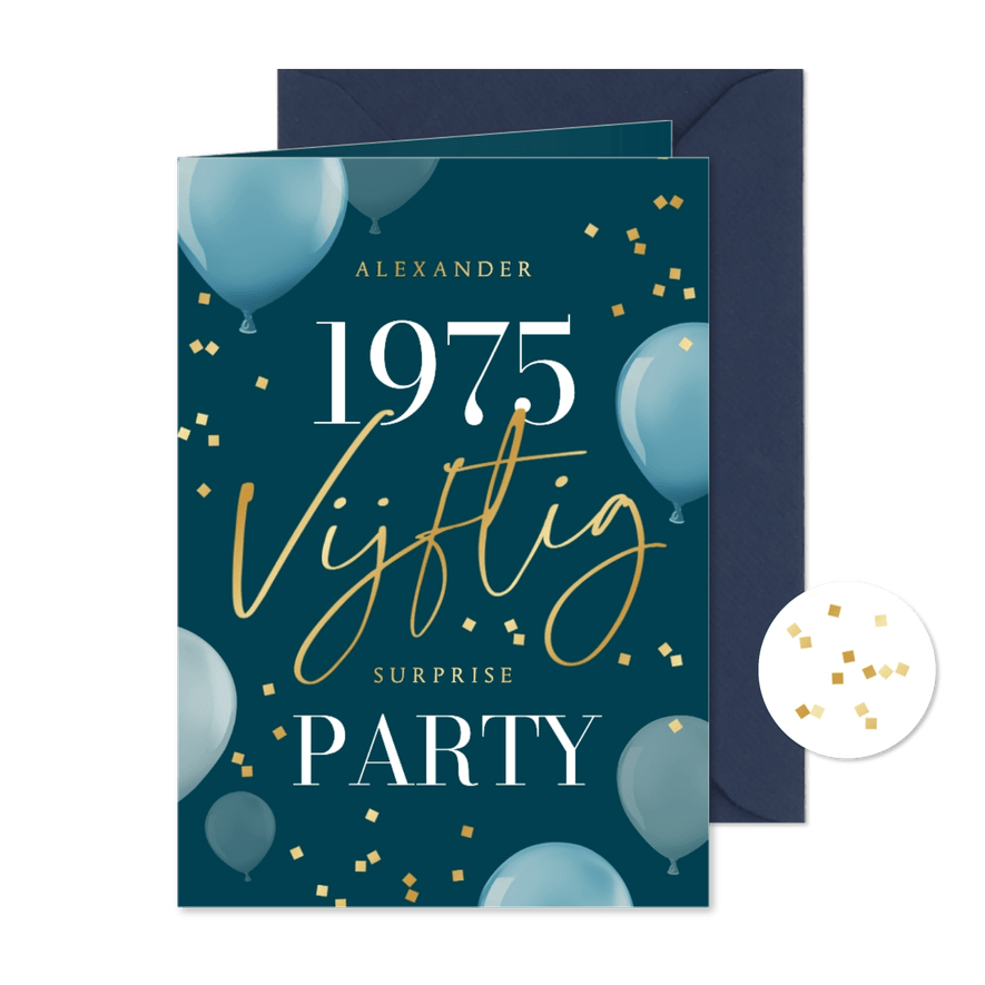 Uitnodiging verjaardagskaart 50 vijftig ballonnen confetti - Kaartimpressie