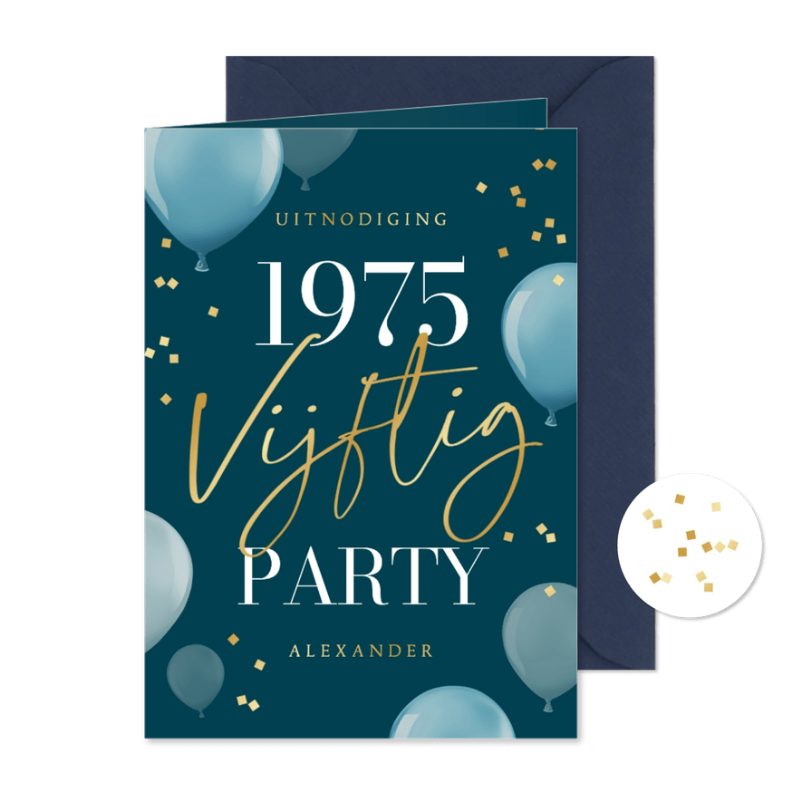Uitnodiging verjaardagskaart 50 vijftig ballonnen confetti - Kaartimpressie