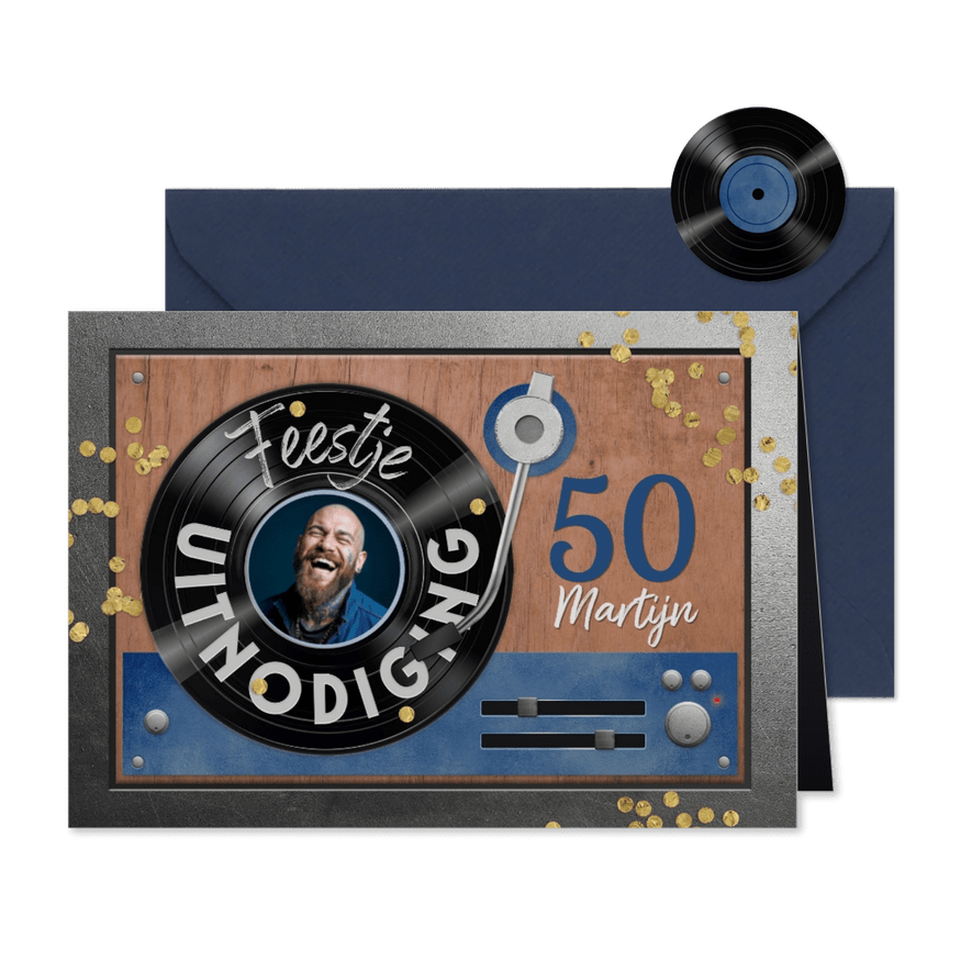 Uitnodiging verjaardagskaart platenspeler vinyl lp foto - Kaartimpressie