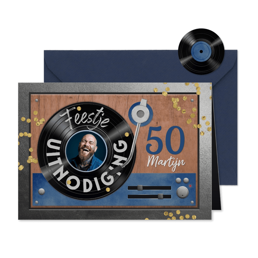 Uitnodiging verjaardagskaart platenspeler vinyl lp foto - Kaartimpressie