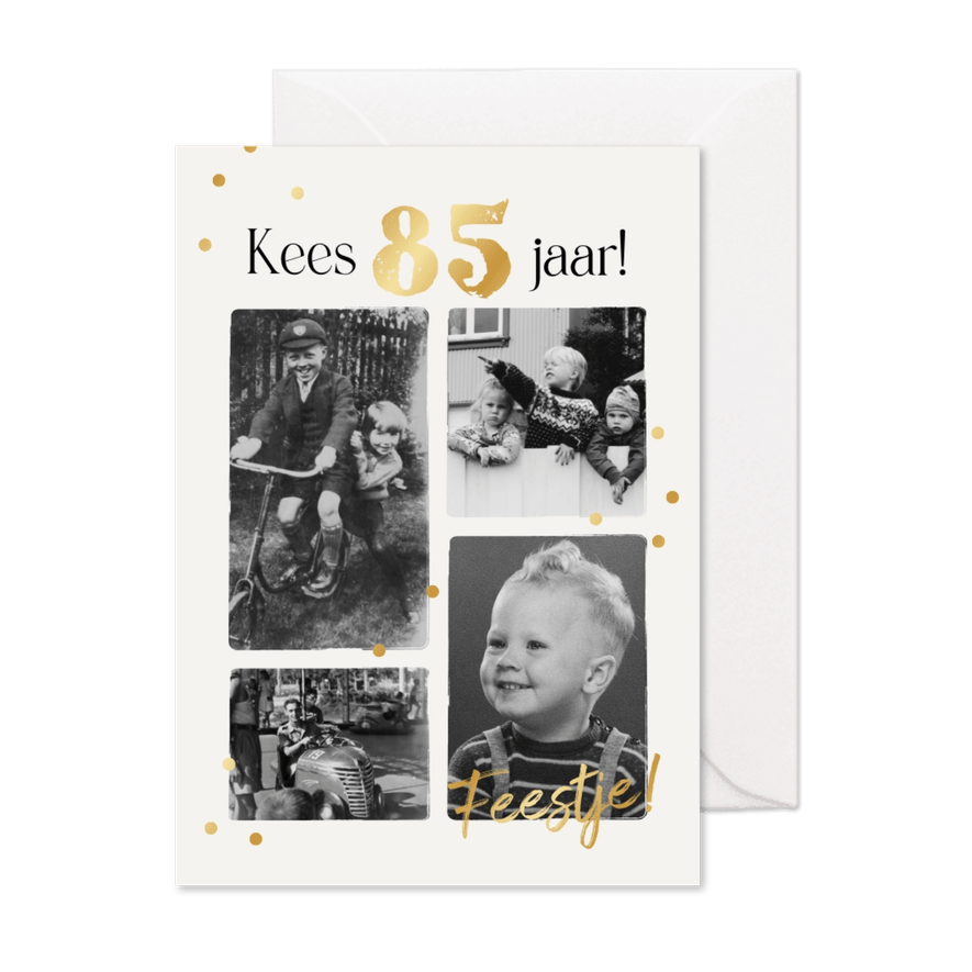 Uitnodiging verjaardagskaart unisex fotocollage vintage goud - Kaartimpressie