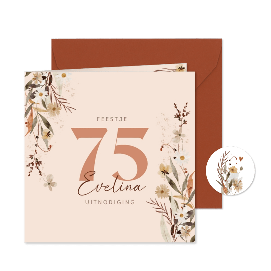 Uitnodiging vijfenzeventig jaar met bloemen en hartjes - Kaartimpressie