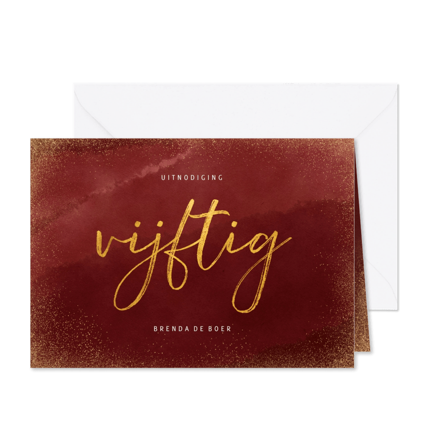 Uitnodiging vijftig in goud met glitters op waterverf - Kaartimpressie