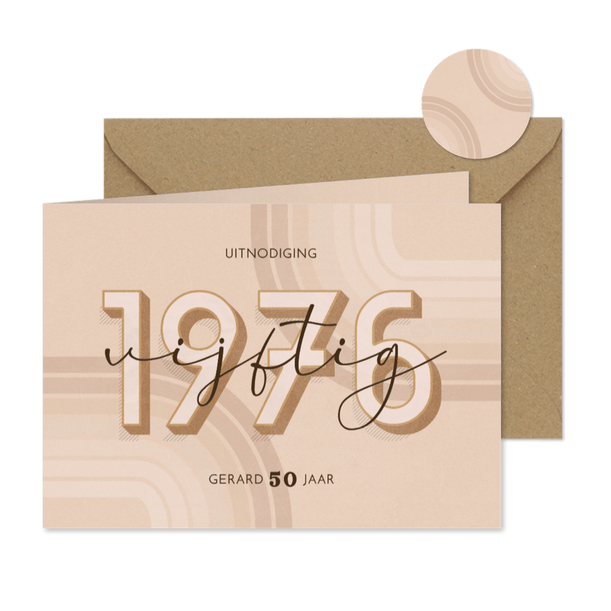 Uitnodiging vijftig jaar retrolook 1976 3D beige - Kaartimpressie