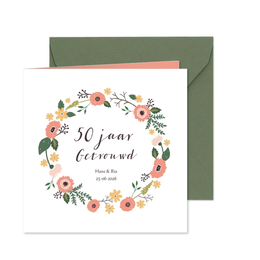 Uitnodiging vijftig jarig huwelijks jubileum bloemen - Kaartimpressie