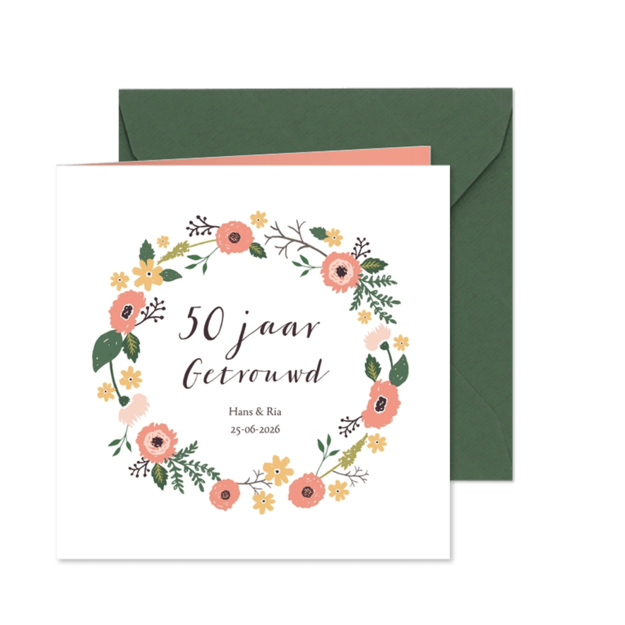 Uitnodiging vijftig jarig huwelijks jubileum bloemen - Kaartimpressie