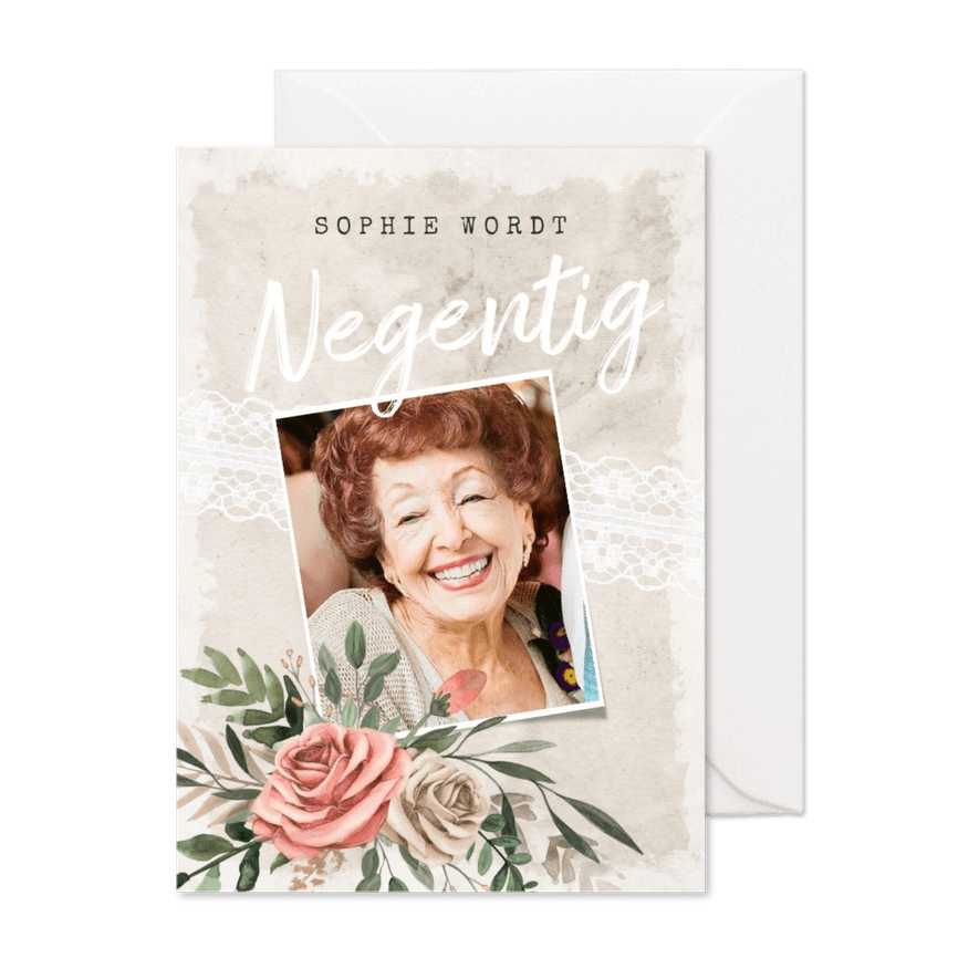 Uitnodiging vintage bloemen met foto - Kaartimpressie