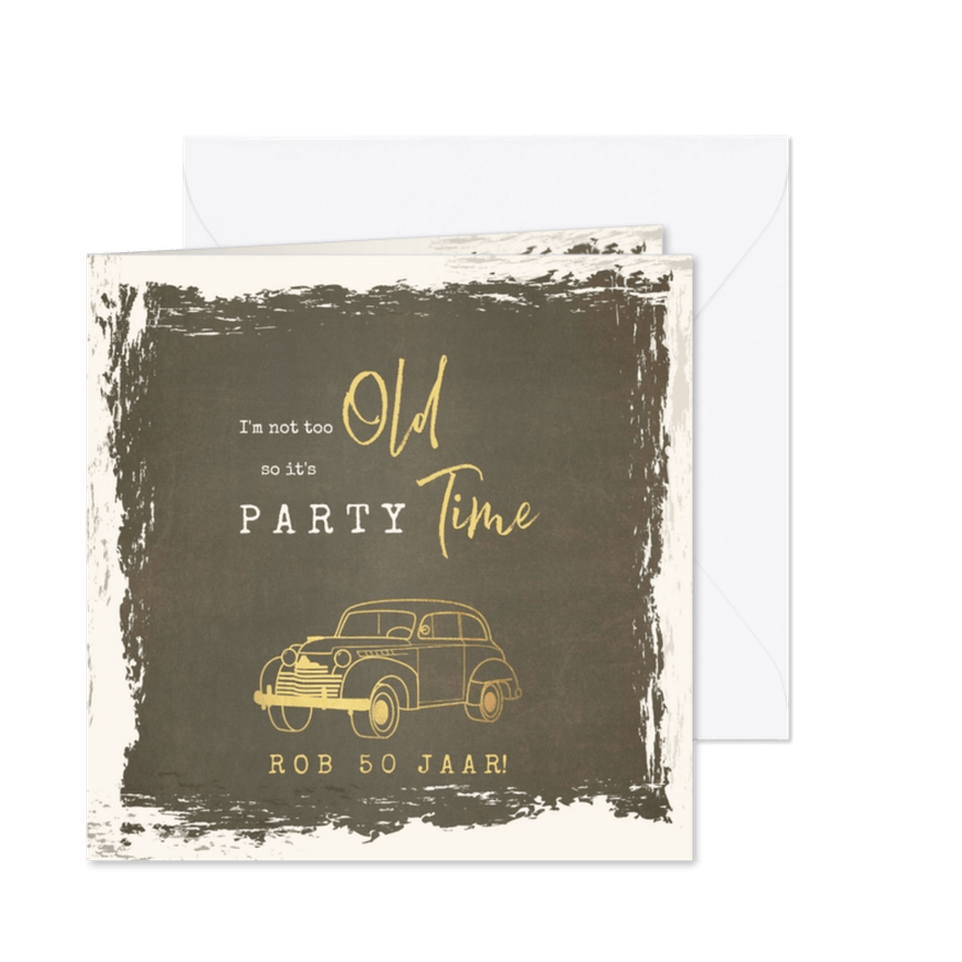 Uitnodiging vintage met goudkleurige oldtimer - Kaartimpressie