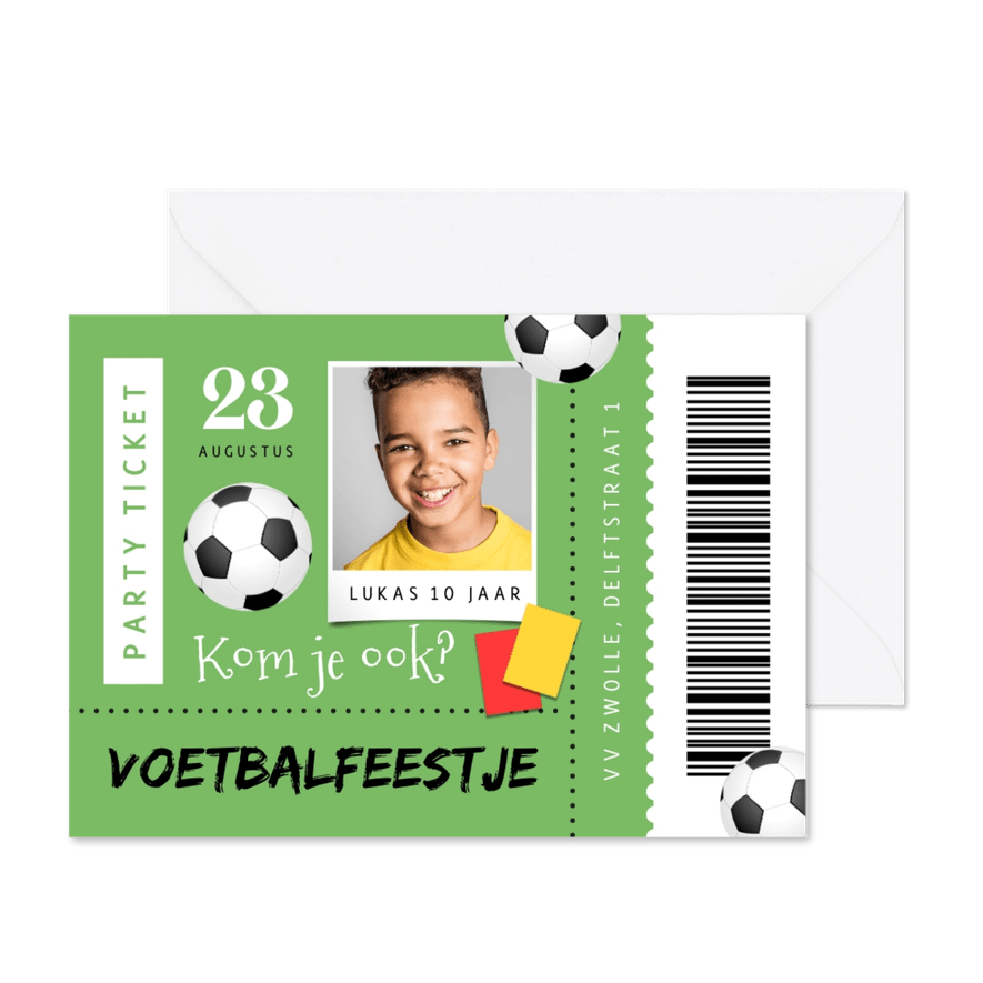 Uitnodiging voetbalfeestje ticket wedstrijd foto voetbal - Kaartimpressie