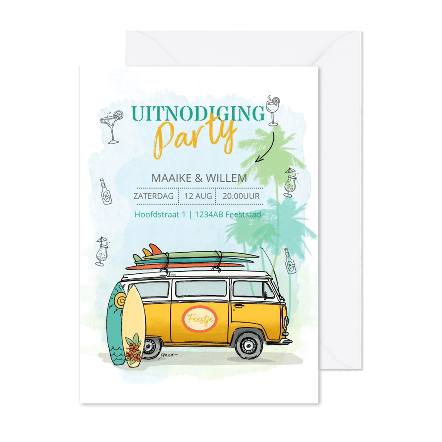 Uitnodiging Volkswagenbusje surfplanken - Kaartimpressie