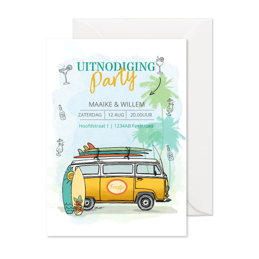 Uitnodiging Volkswagenbusje surfplanken - Kaartimpressie