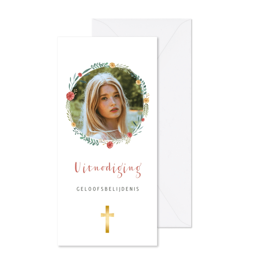 Uitnodiging voor belijdenis met bloemenkrans - Kaartimpressie