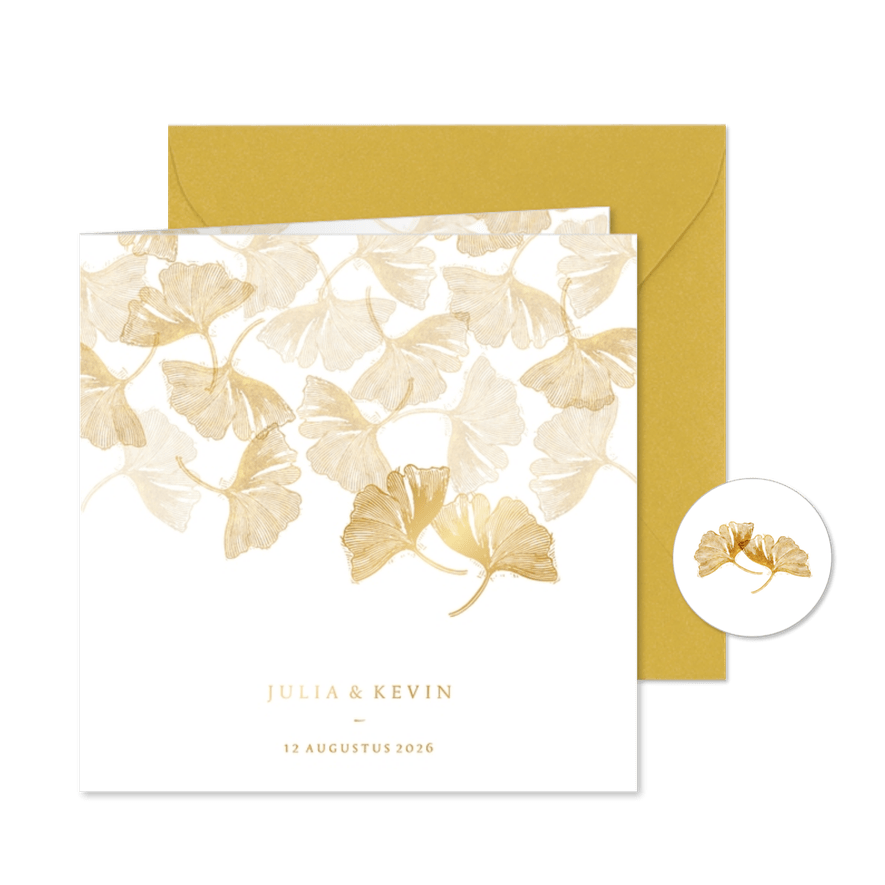  Uitnodiging voor bruiloft ginkgoblad stempel - Kaartimpressie