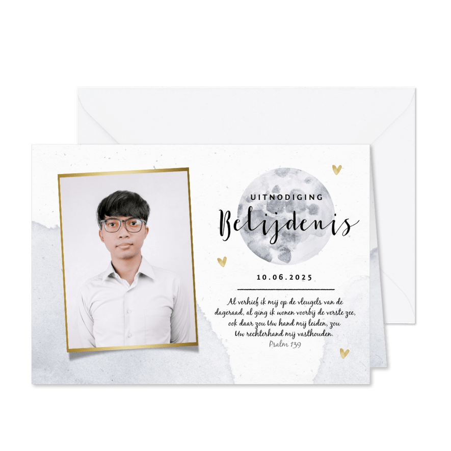 Uitnodiging voor de belijdenis met maan en foto - Kaartimpressie