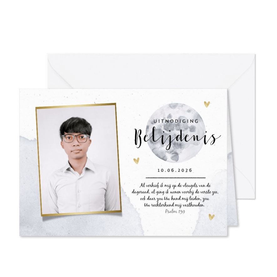 Uitnodiging voor de belijdenis met maan en foto - Kaartimpressie