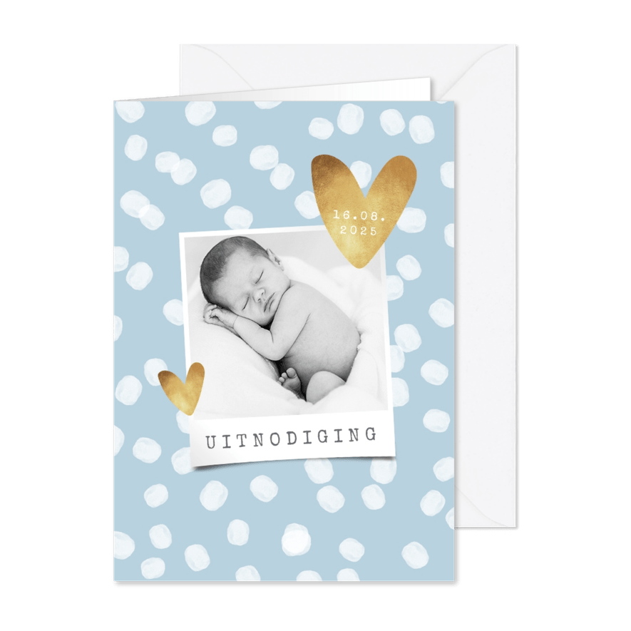 Uitnodiging voor doop blauw met stippen en foto - Kaartimpressie