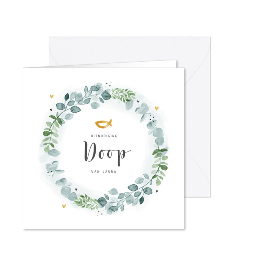 Uitnodiging voor doopsel van een botanische bloemenkrans - Kaartimpressie