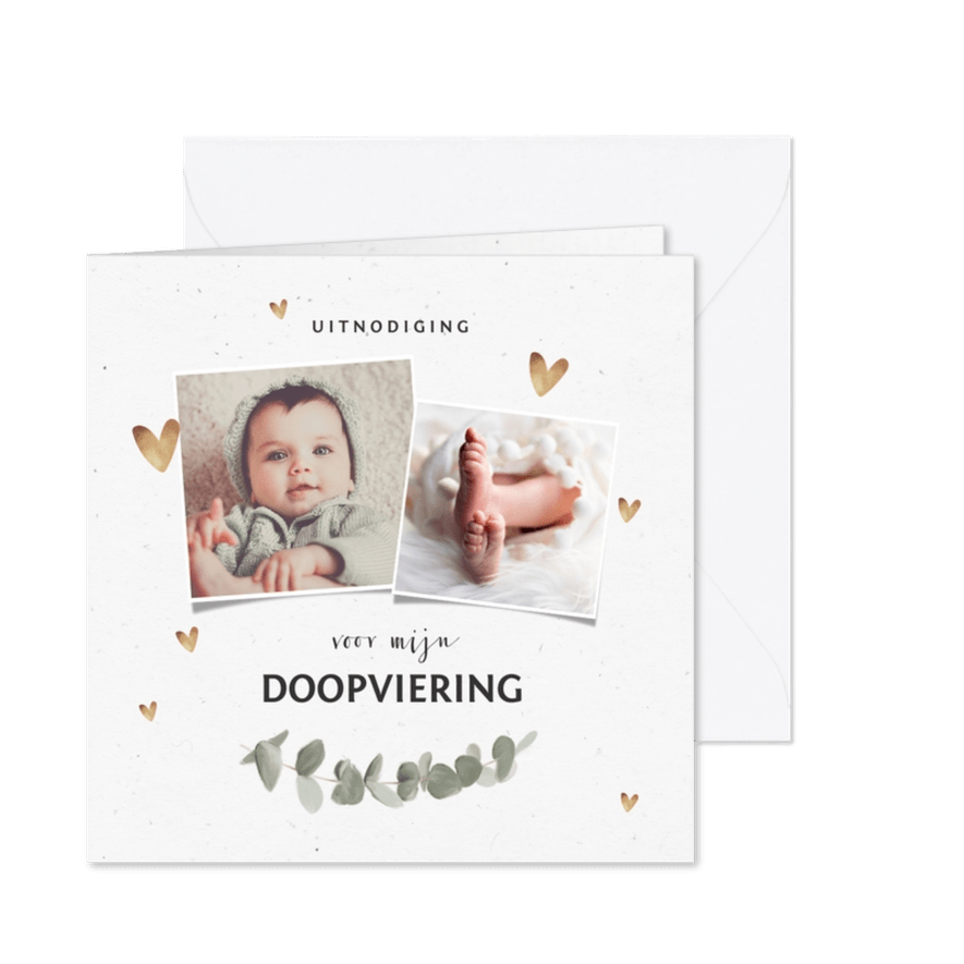 Uitnodiging voor doopviering met eucalyptus en foto's - Kaartimpressie