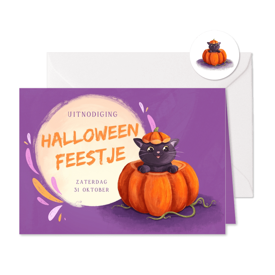 Uitnodiging voor een Halloween feestje met pompoenen en kat - Kaartimpressie