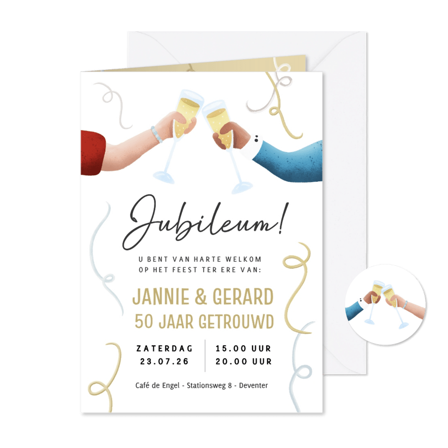 Uitnodiging voor een jubileum feest met proostende handen - Kaartimpressie