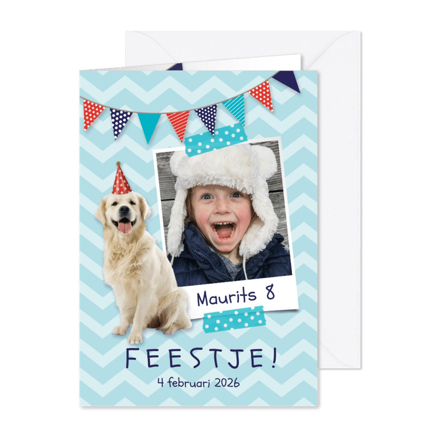 Uitnodiging voor een kinderfeestje foto en hondje - Kaartimpressie