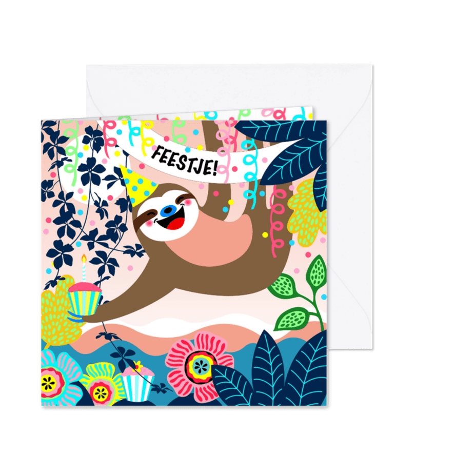 Uitnodiging voor een kinderfeestje met een luiaard - Kaartimpressie