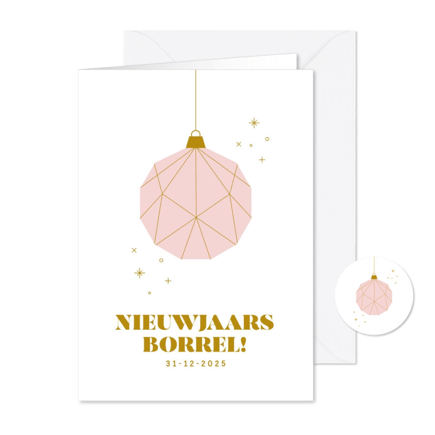 Uitnodiging voor een nieuwjaarsborrel met roze kerstbal - Kaartimpressie