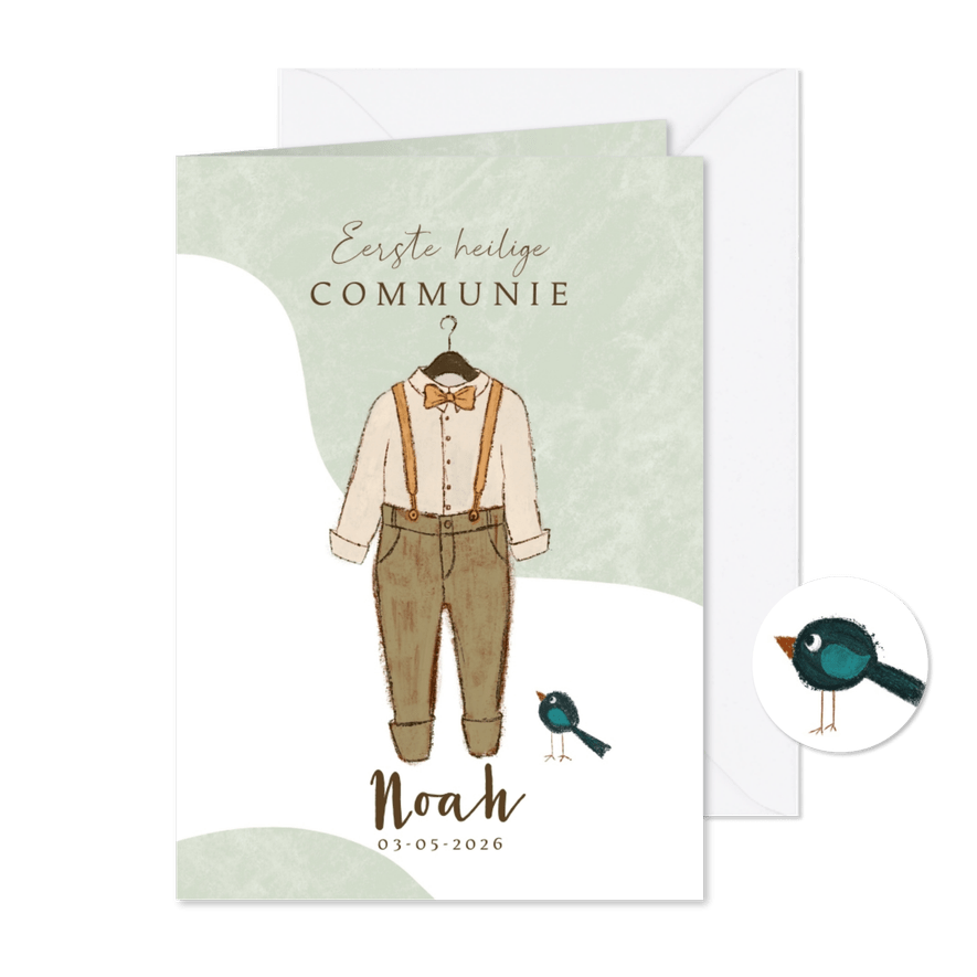 Uitnodiging voor eerste communie jongen met stoere kleren - Kaartimpressie
