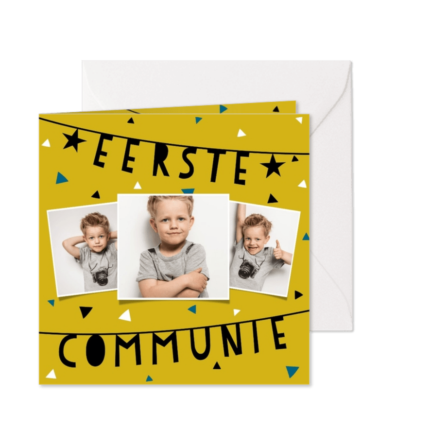 Uitnodiging voor eerste communie met slingers en confetti - Kaartimpressie