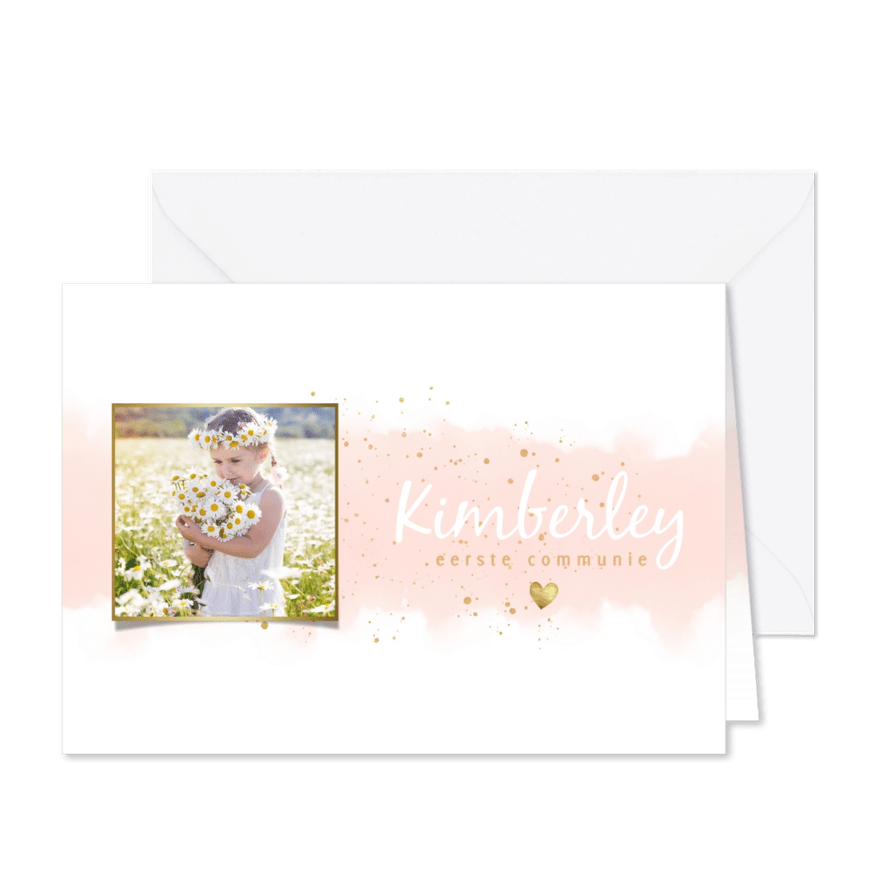 Uitnodiging voor eerste communie waterverf & gouden spetters - Kaartimpressie