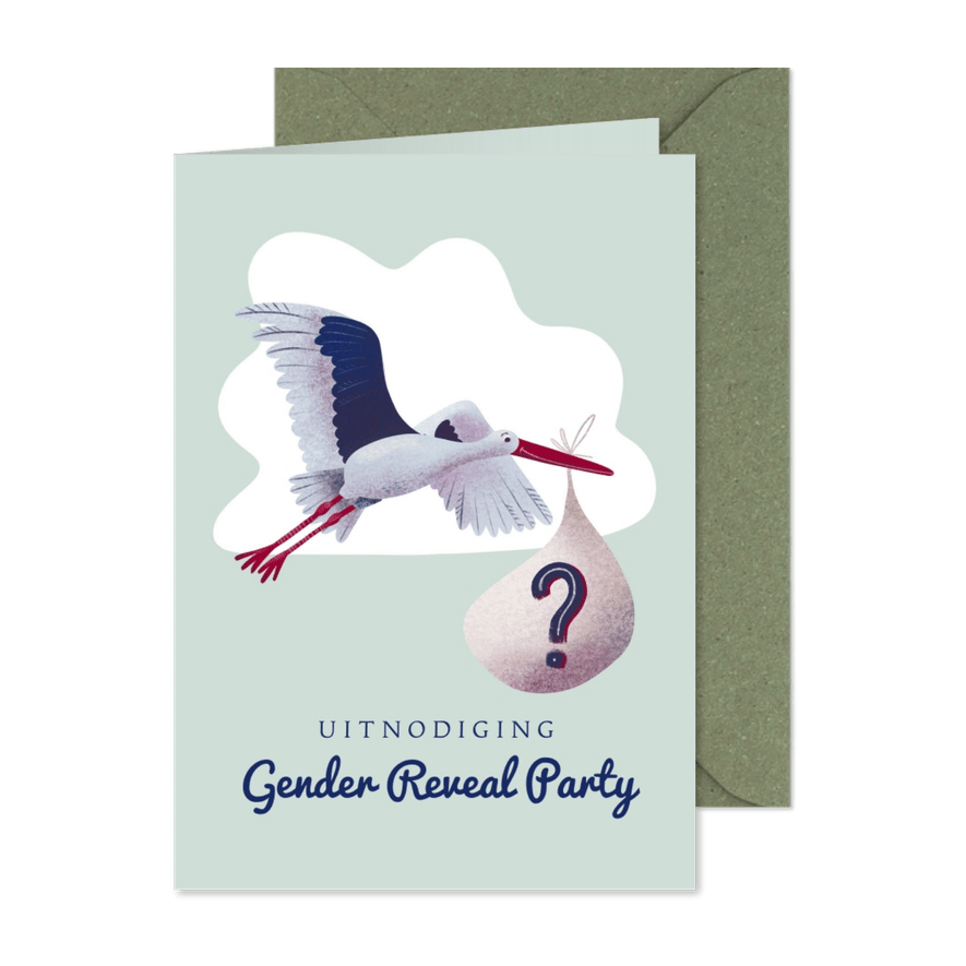 Uitnodiging voor gender reveal party met ooievaar - Kaartimpressie