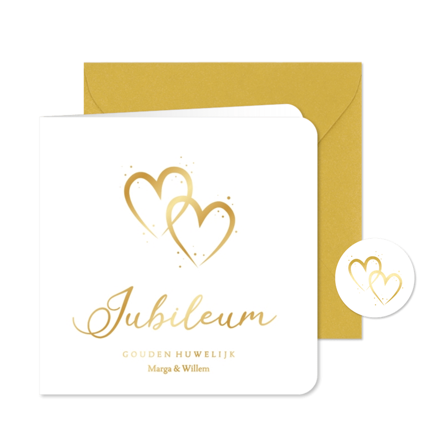 Uitnodiging voor jubileum feest met gouden hartjes - Kaartimpressie