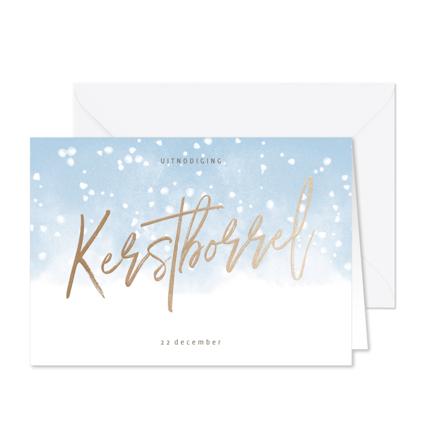 Uitnodiging voor kerstborrel met waterverf en sneeuw - Kaartimpressie