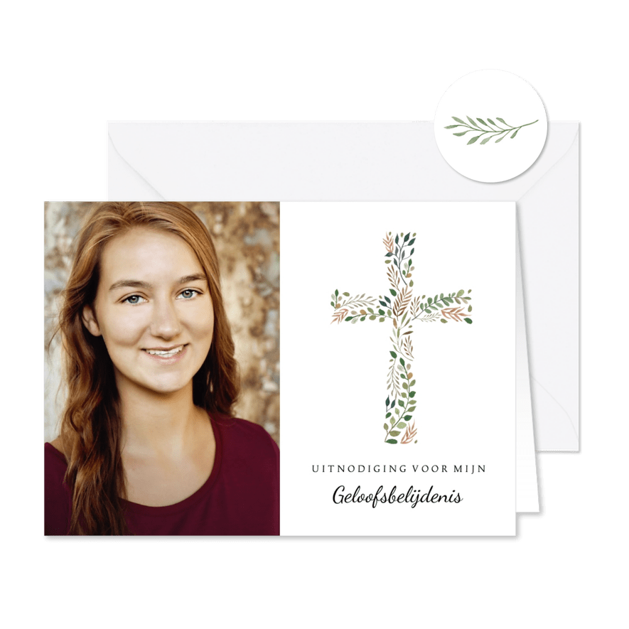 Uitnodiging voor mijn geloofsbelijdenis met botanisch kruis - Kaartimpressie