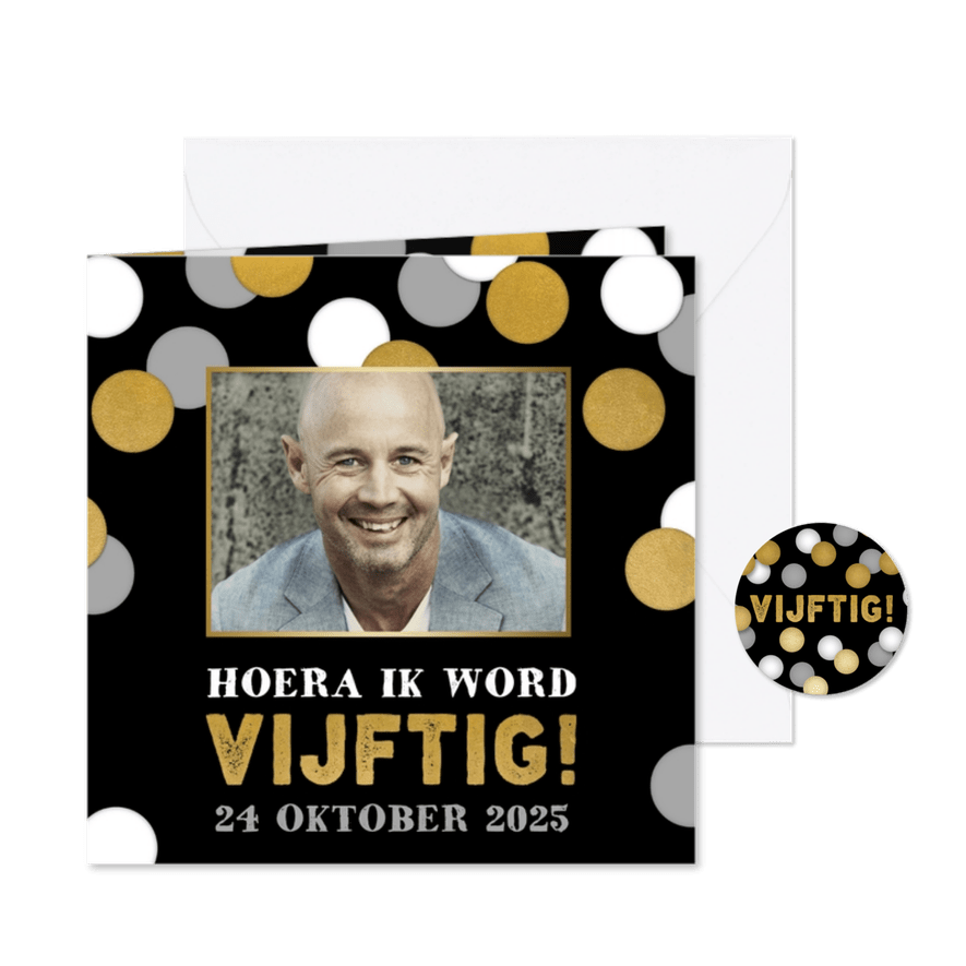 Uitnodiging voor verjaardag '50' met confetti en foto - Kaartimpressie