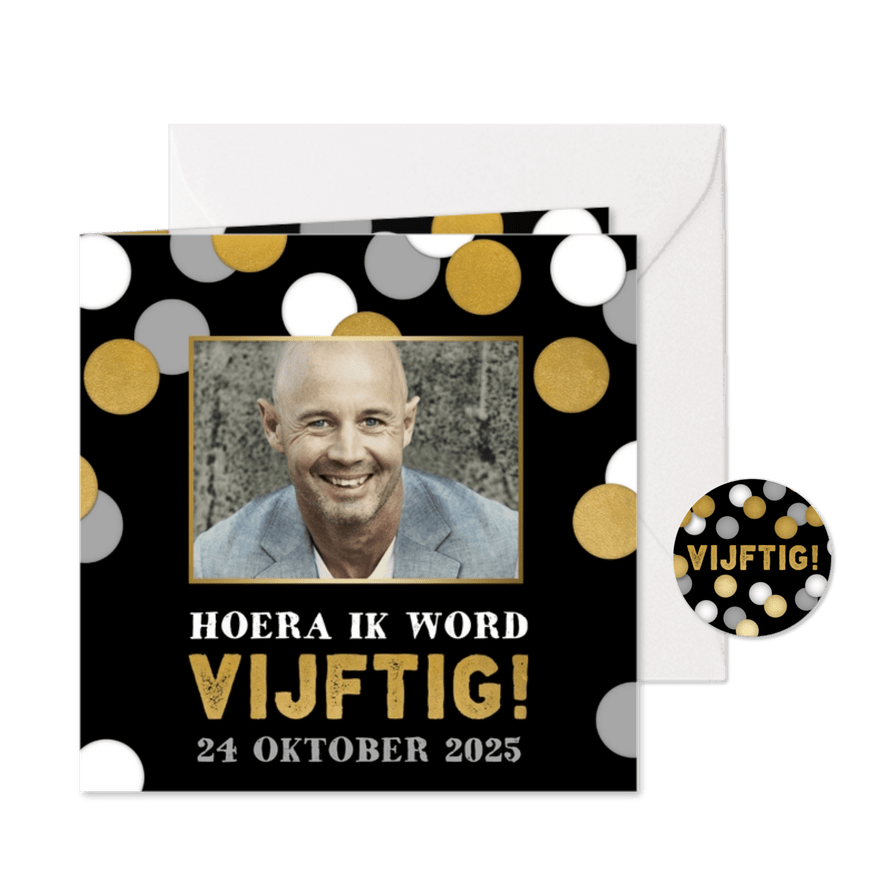 Uitnodiging voor verjaardag '50' met confetti en foto - Kaartimpressie