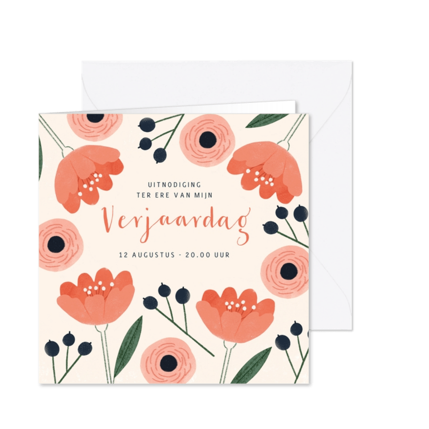 Uitnodiging voor vrouw zalmroze bloemen en blauwe bessen - Kaartimpressie