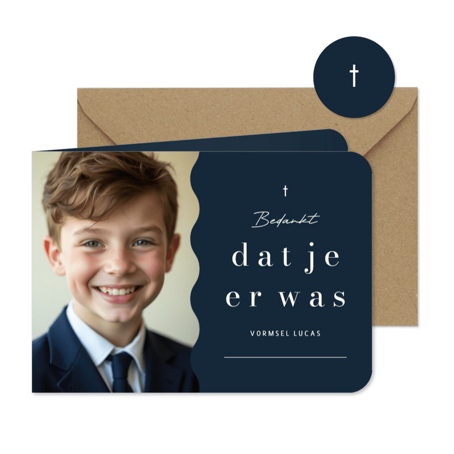 Bedankkaart vormsel communie donkerblauw met foto - Kaartimpressie