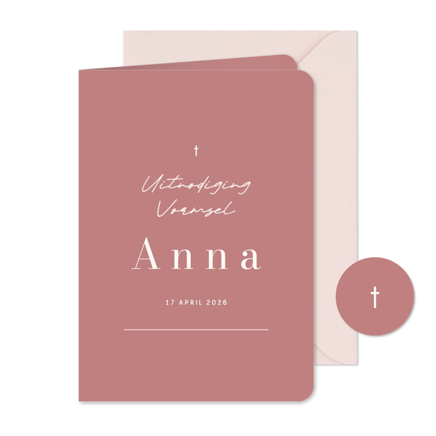 Uitnodiging vormsel communie oudroze met foto - Kaartimpressie
