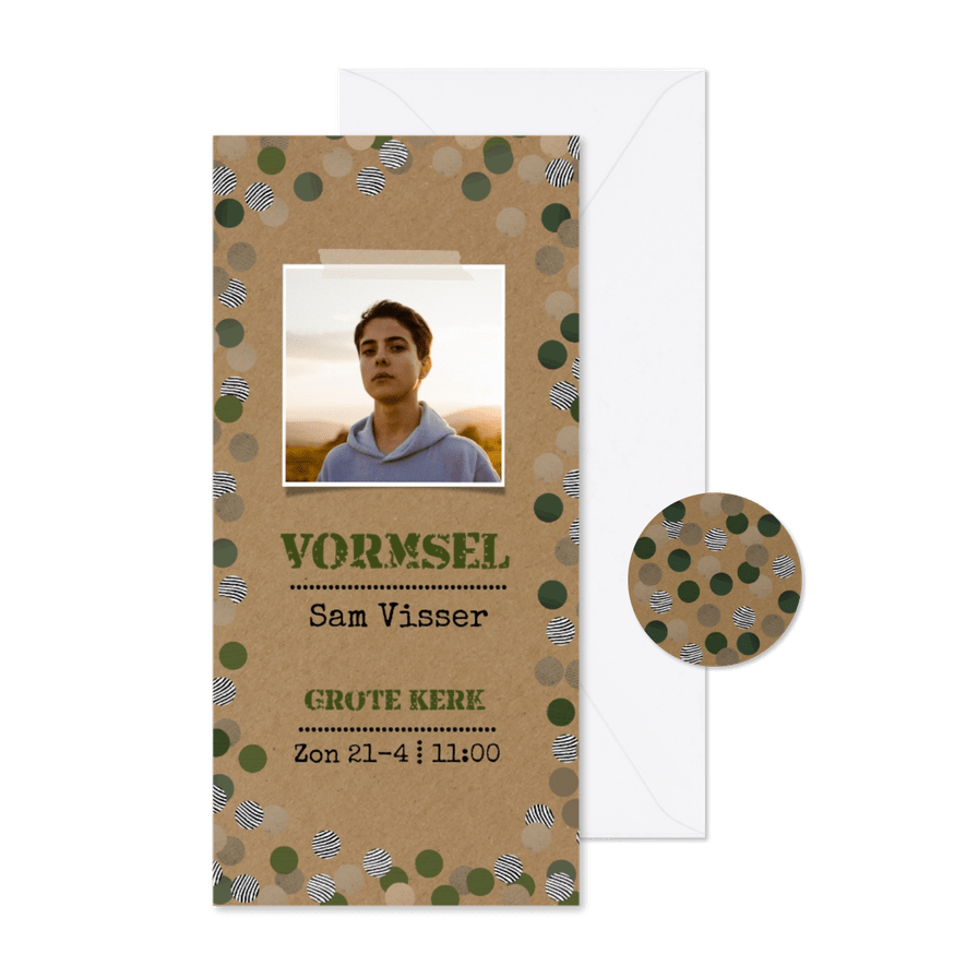 Uitnodiging vormsel confetti kraft stoer - Kaartimpressie