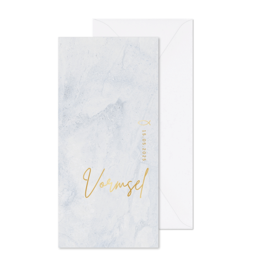 Uitnodiging vormsel foliedruk goud blauw marmer  - Kaartimpressie